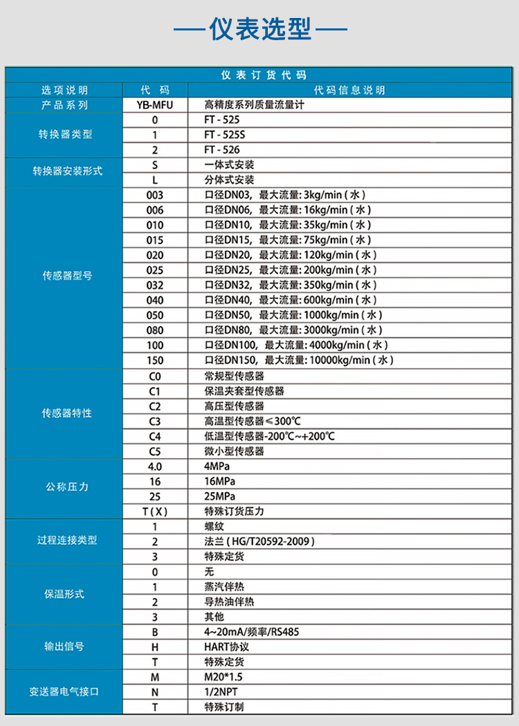 科里奥利质量流量计选项表